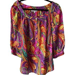 Trina Turk Colorful Paisley 100% silk  Women's  3/4 Sleeve Blouse Top Size Large